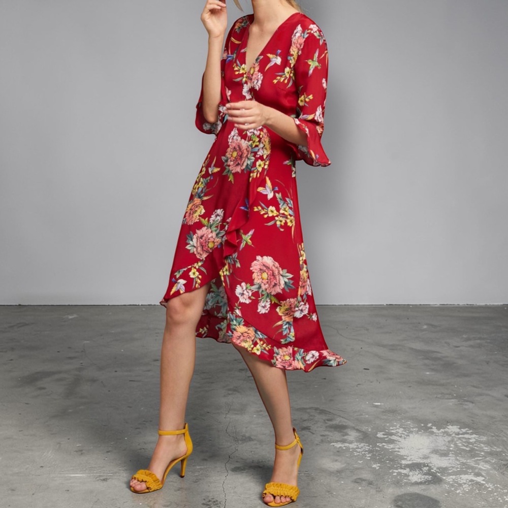 Kachel Anthropologie Romantic Greer‎ Floral Hi Lo Faux Wrap Viscose Silk Dress 6